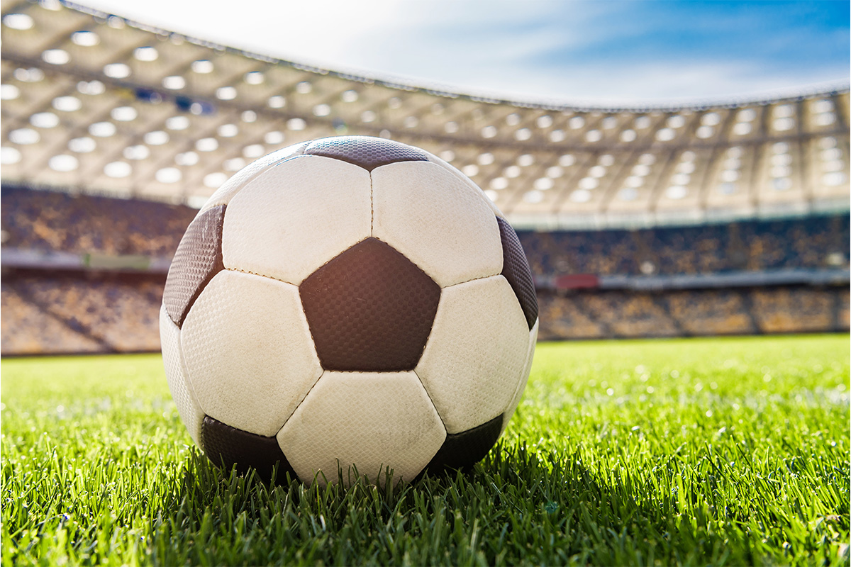 A soccer ball can be seen on the World Cup field.