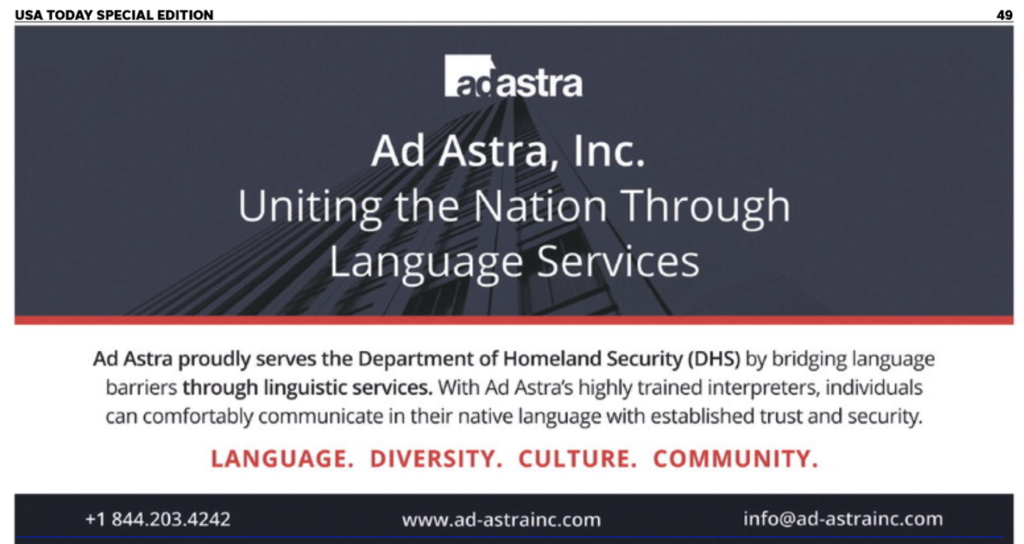 Ad Astra Inc Featured in USA Today DHS Edition