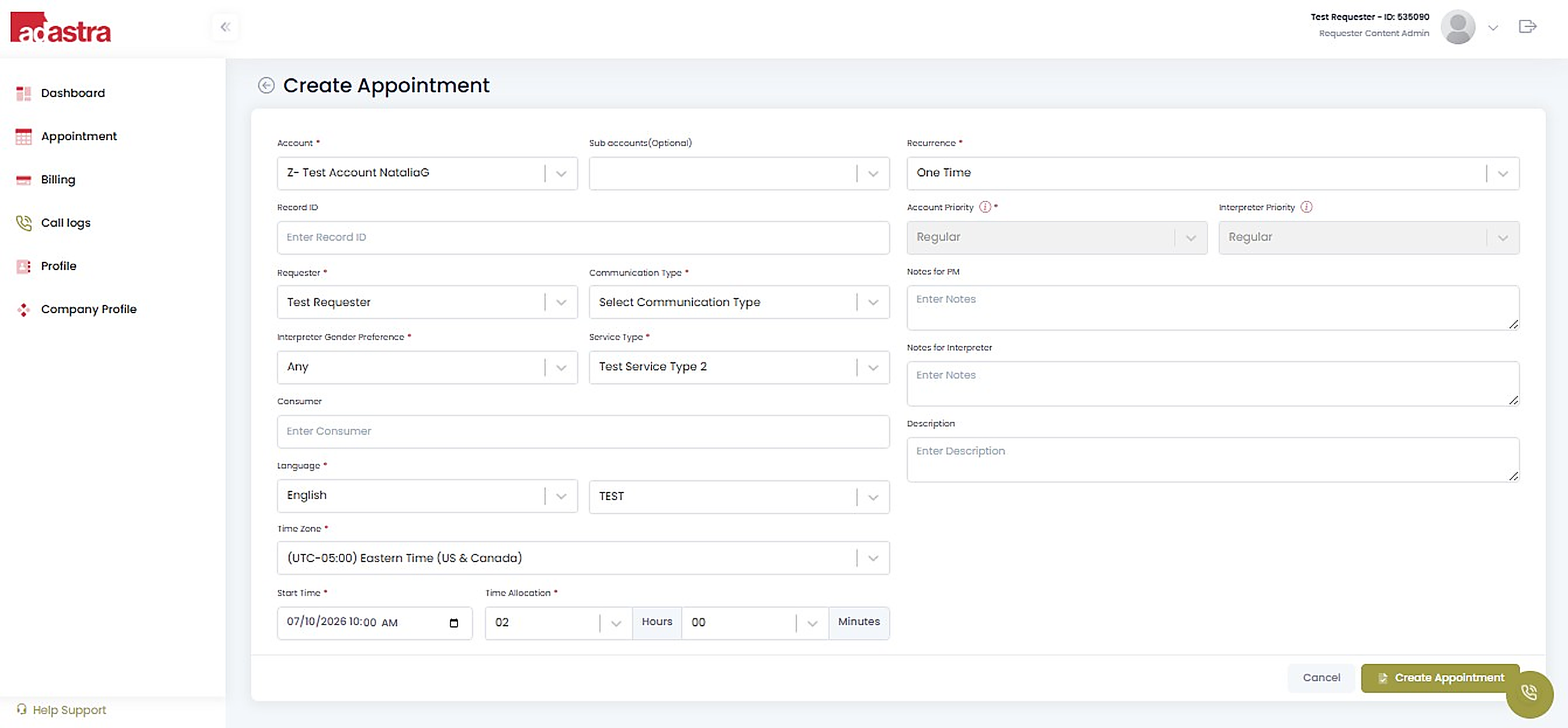 AdAstraConnect appointment request screen