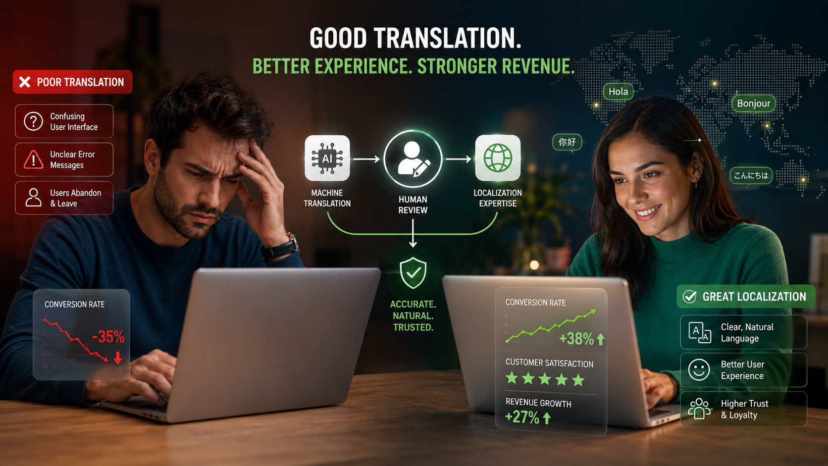 Comparison of poor vs professional translation in customer experience
