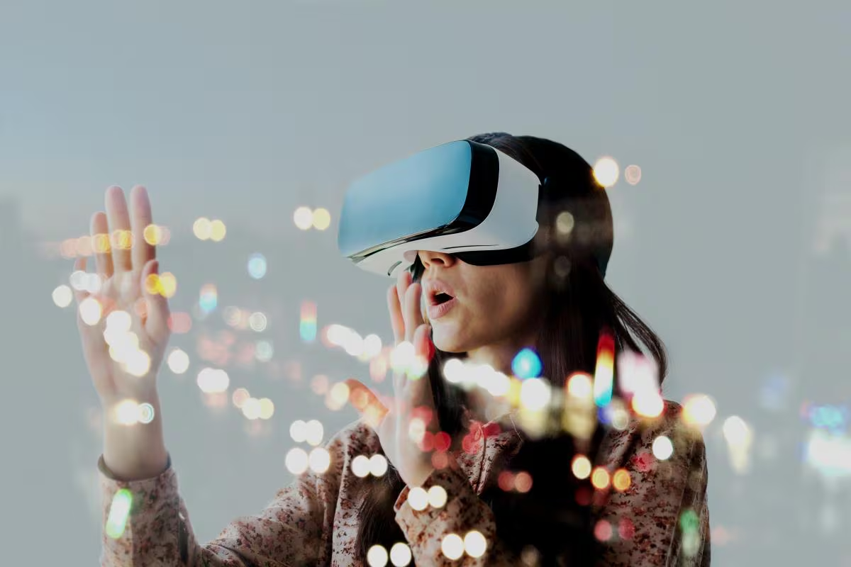 Person using VR headset with light bokeh overlay