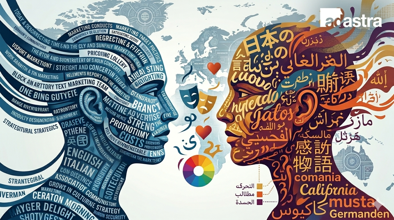 Illustration of cultural nuance in marketing with multilingual text across diverse audiences