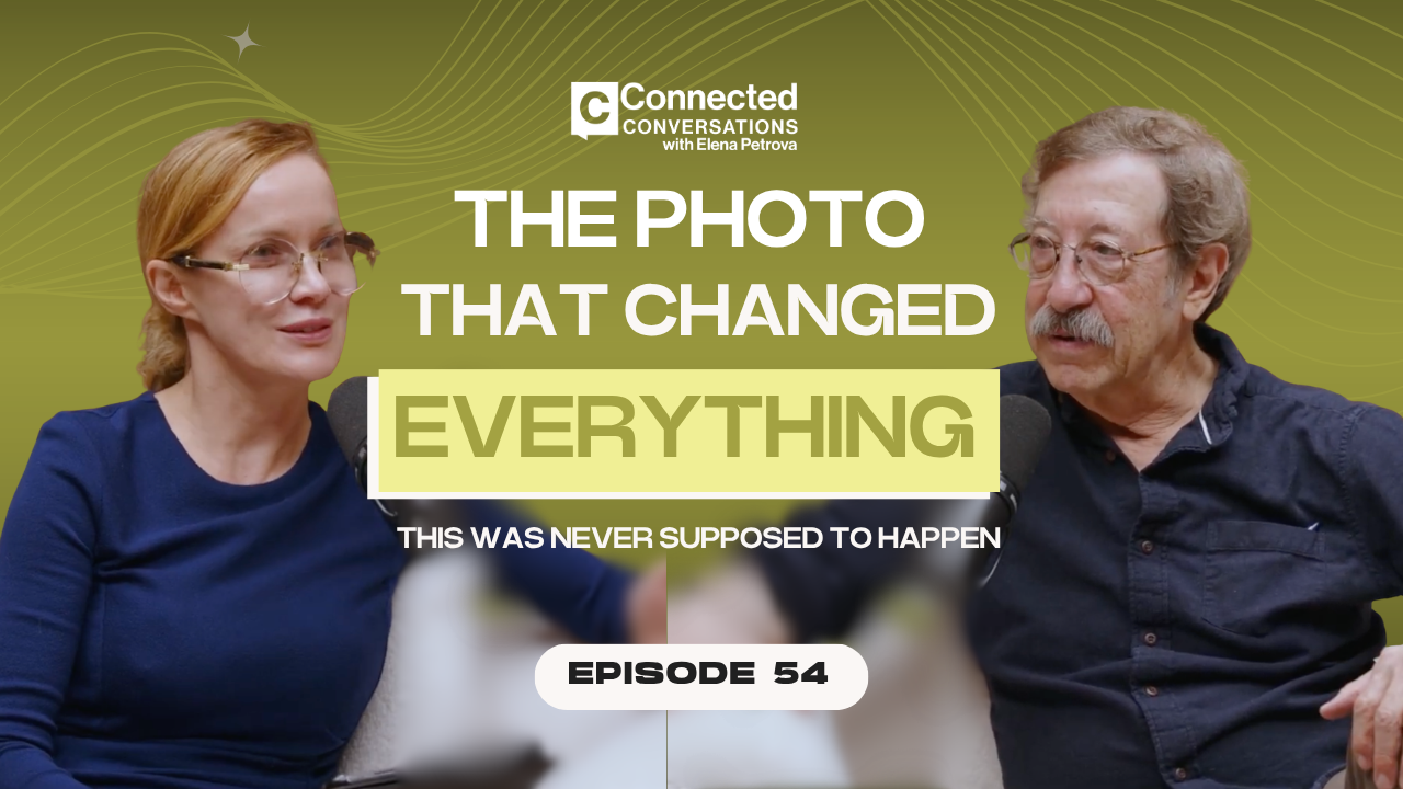 Rick Smolan and Elena Petrova seated in a podcast studio during a Connected Conversations interview.