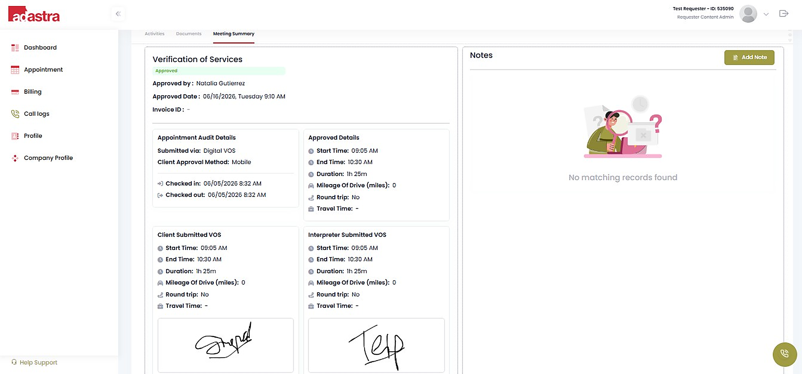 Approved verification of services record with session details and status