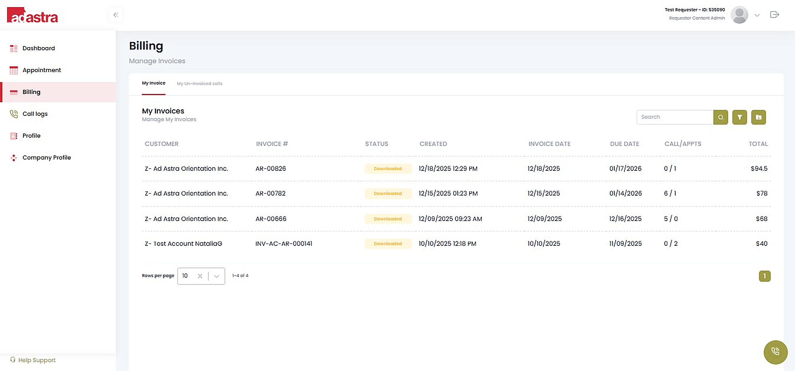 Client billing view for monitoring invoices