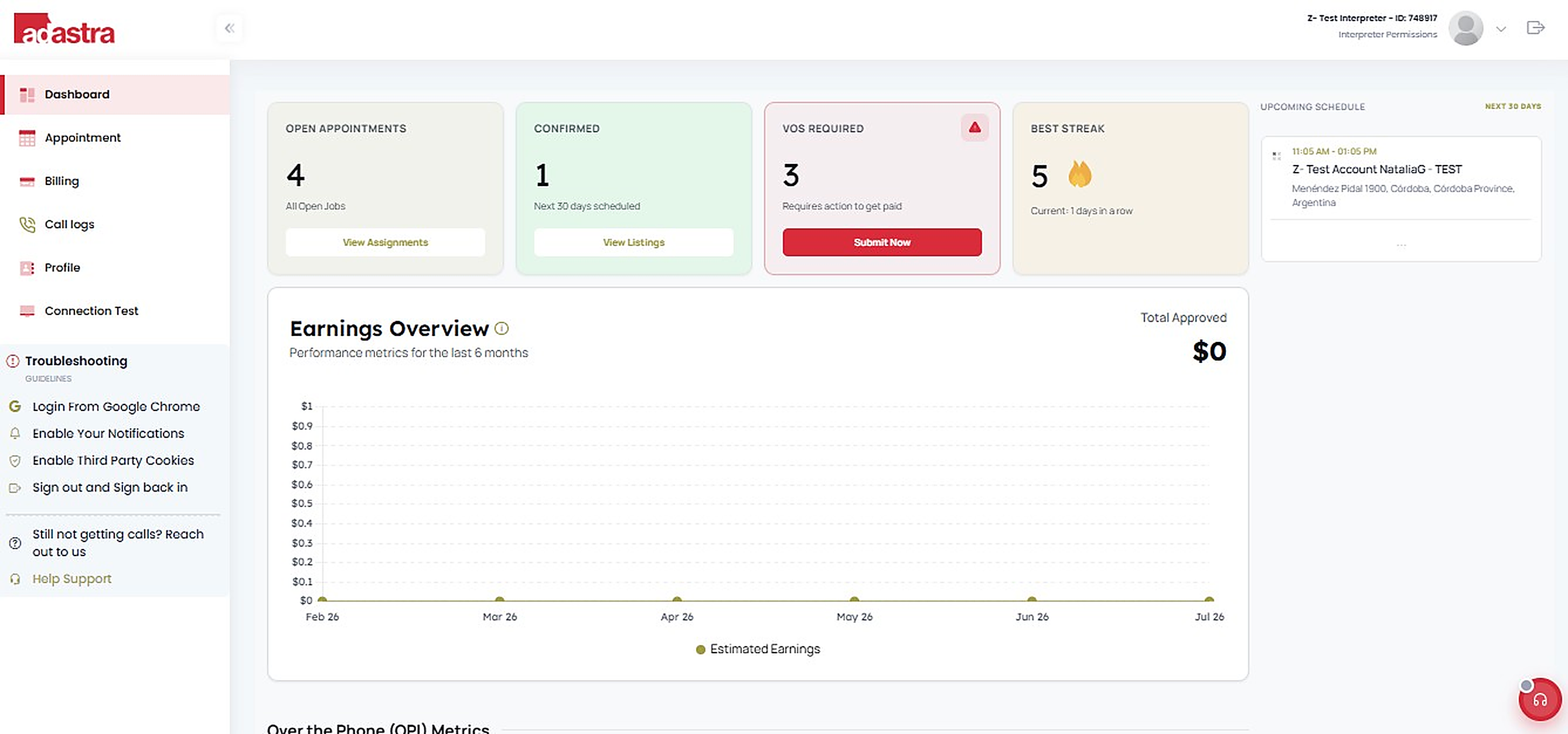 Interpreter dashboard with availability controls
