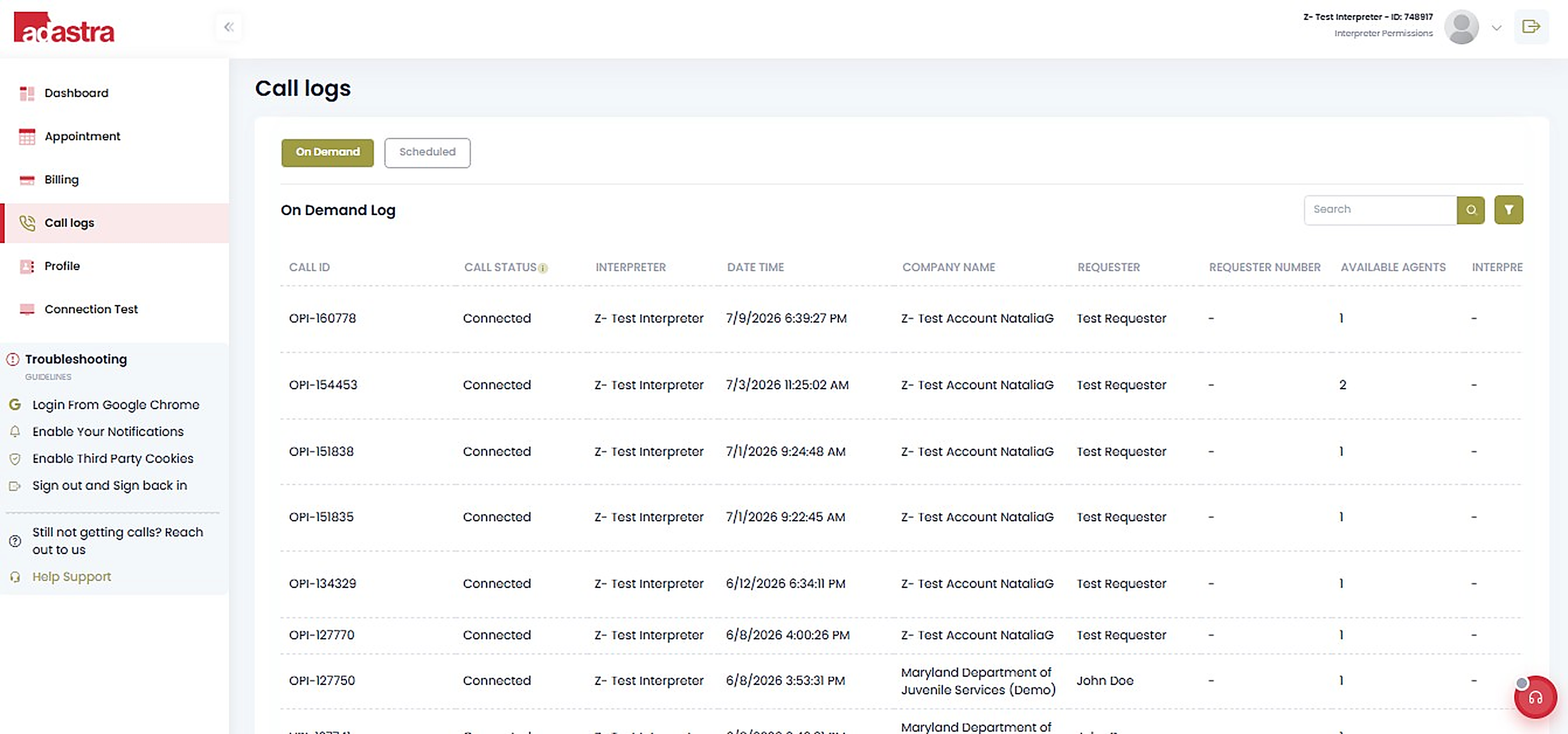 Interpreter call logs with session history
