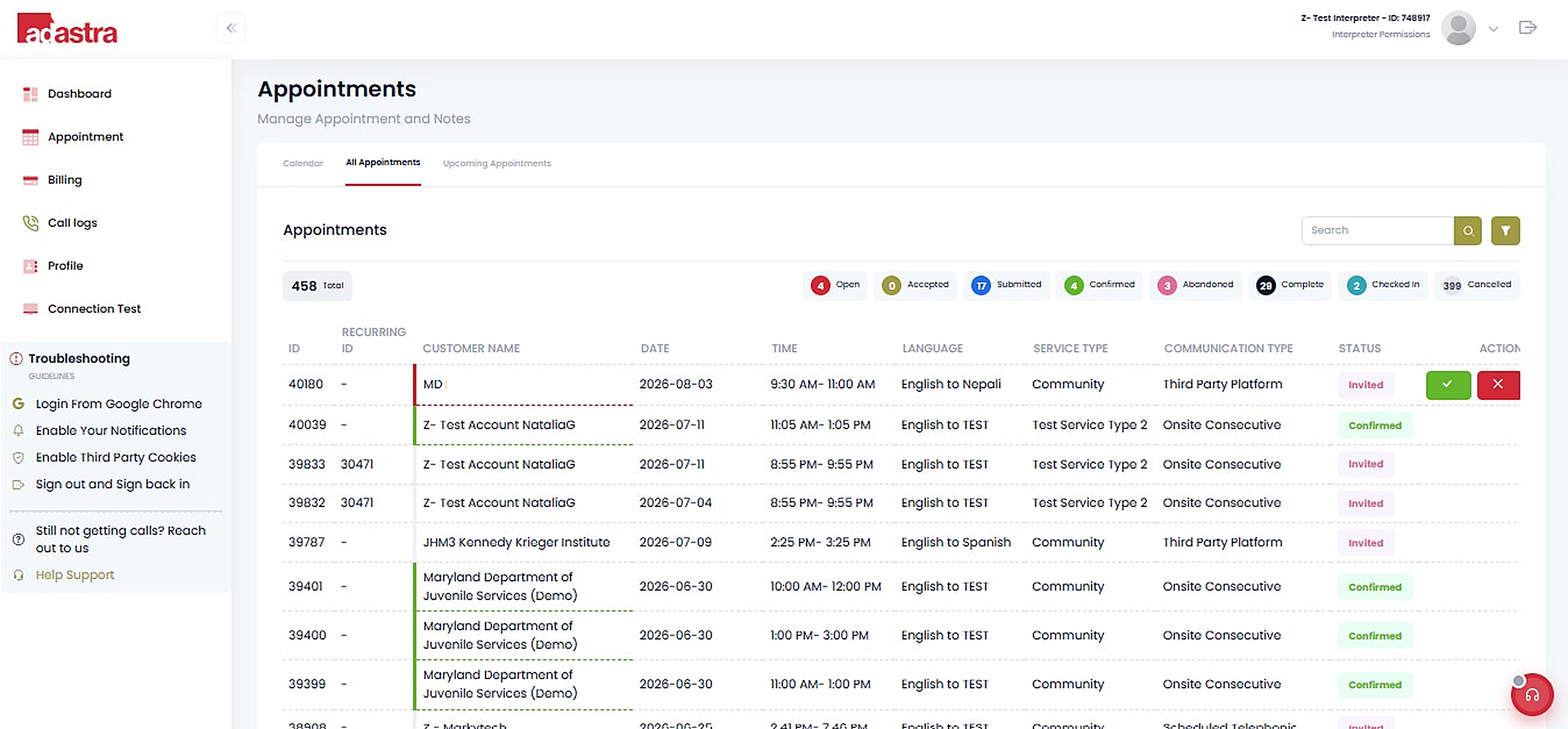 Interpreter view of appointment offers with accept and decline actions