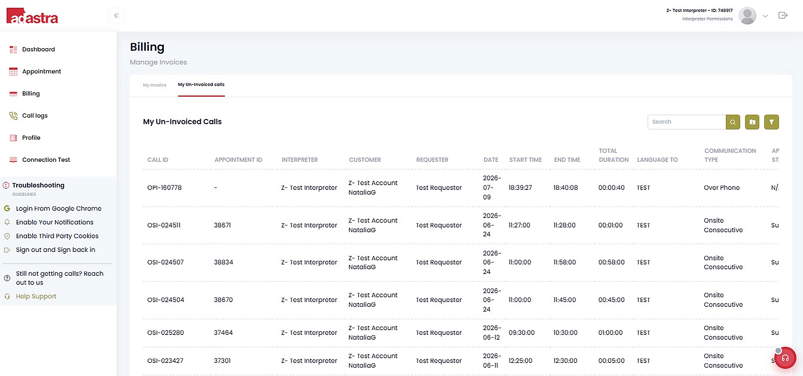 Interpreter invoice monitoring view
