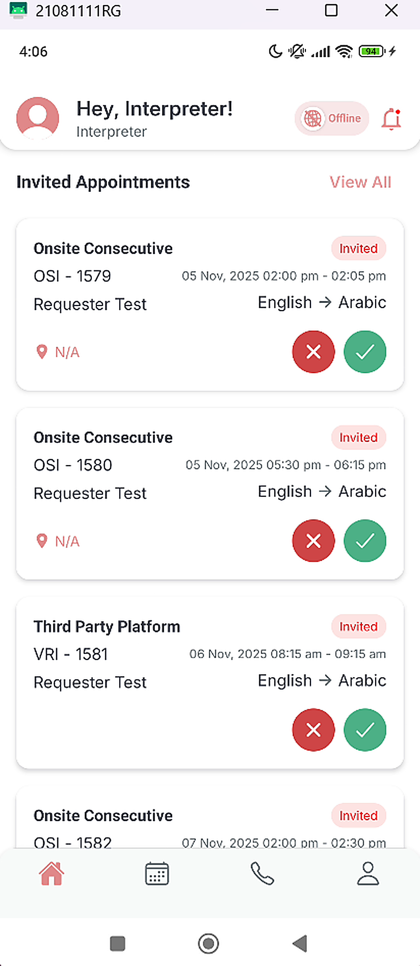 Interpreter mobile app showing appointment offers