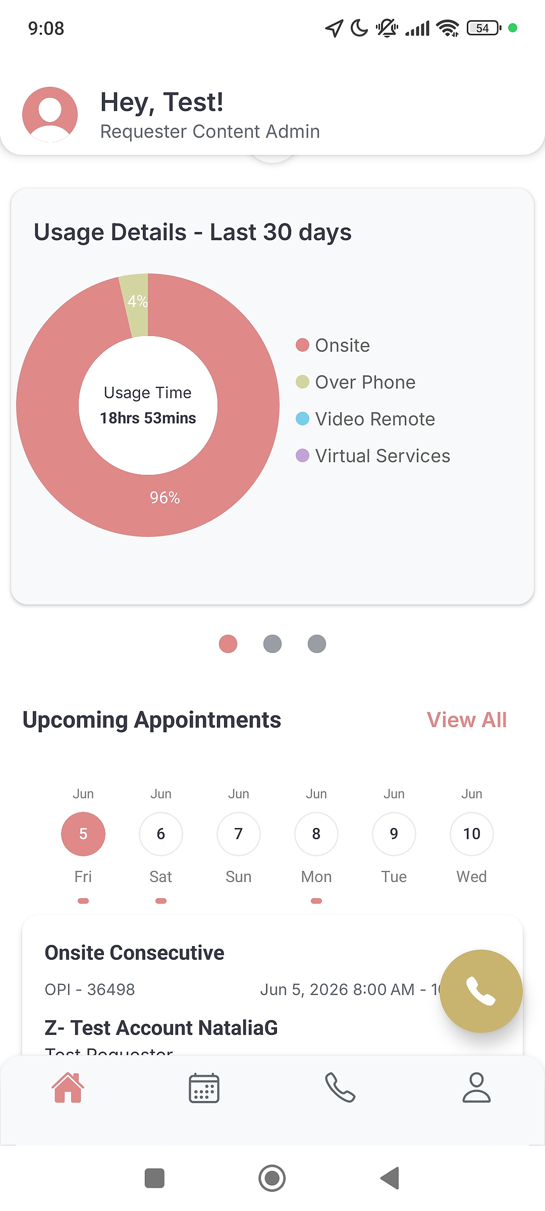 AdAstraConnect mobile app home screen for clients