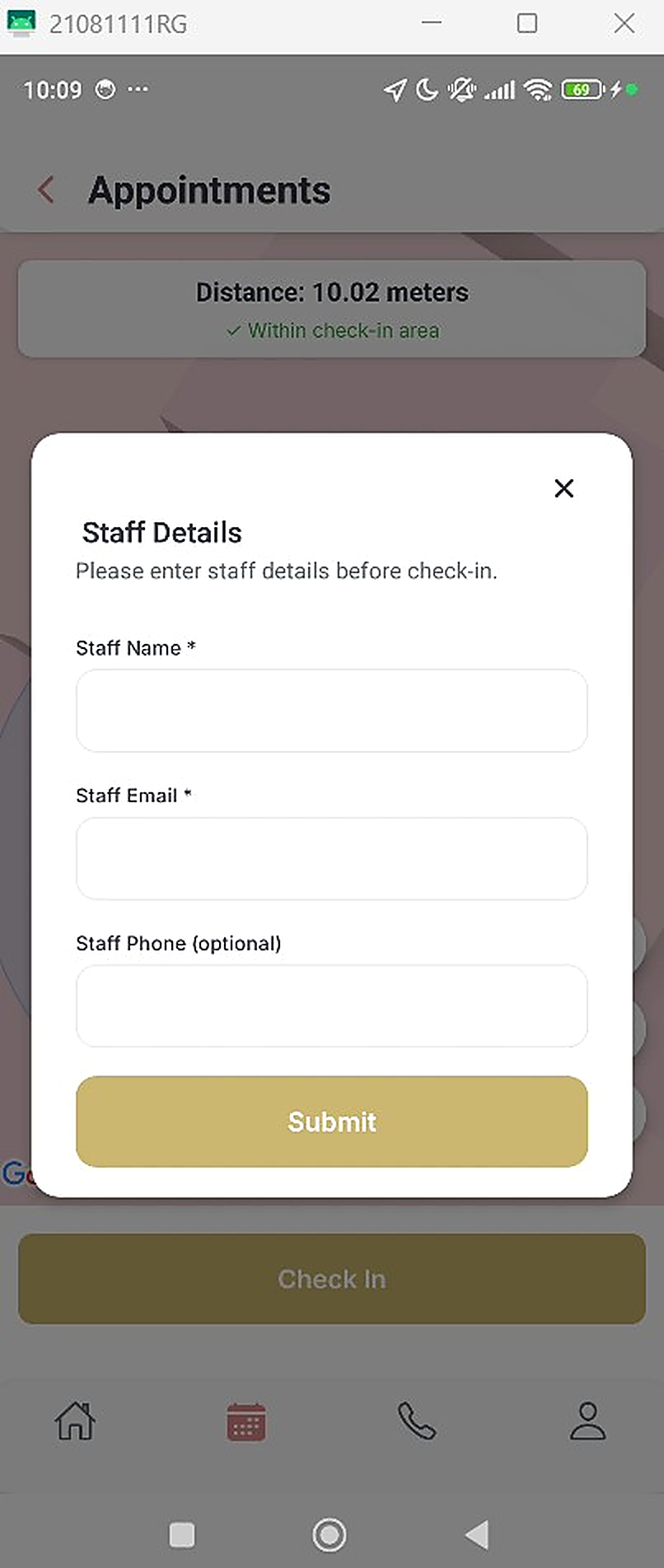 Mobile check-in screen verifying the interpreter's location at the appointment