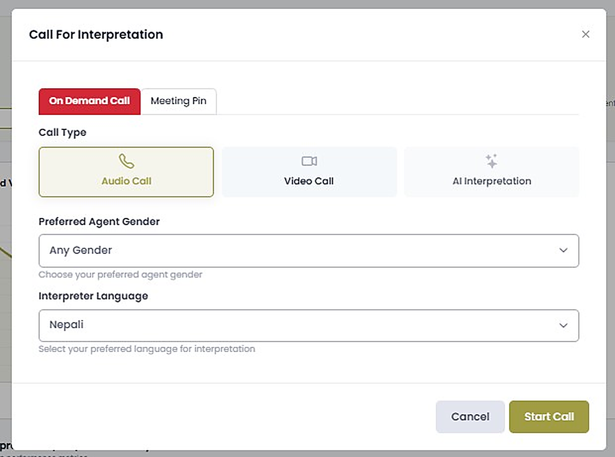 Starting an on-demand interpretation call with call type and language selection