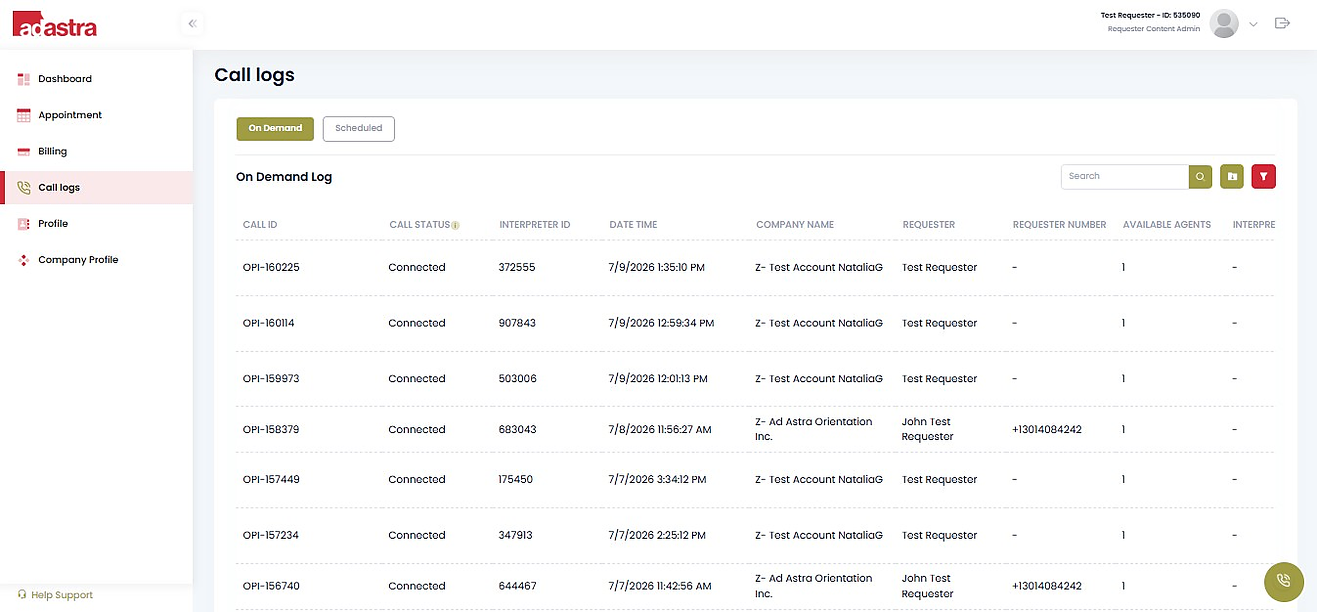 Call logs view with usage and duration details for identifying optimization opportunities