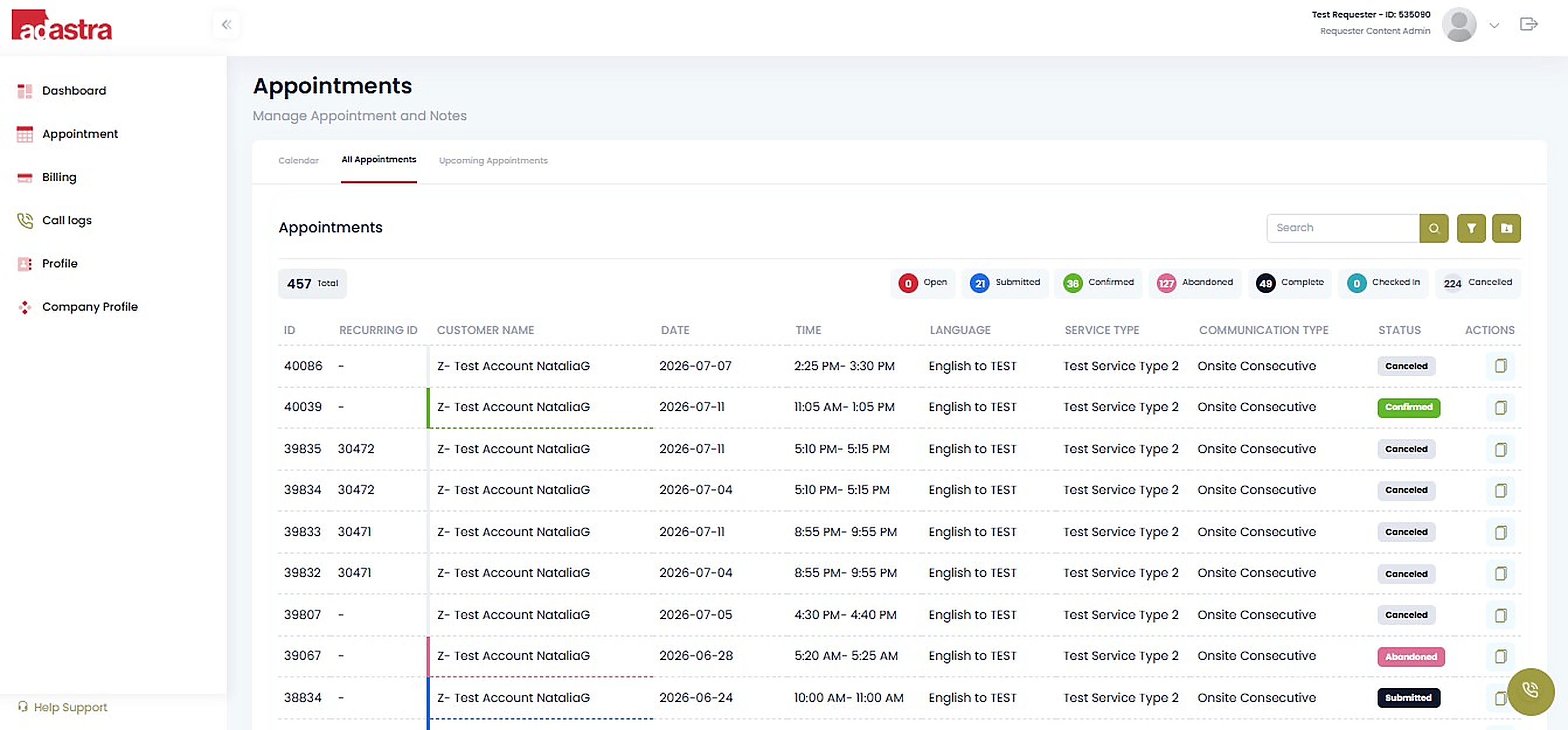 Appointment management view listing all appointments with status and details