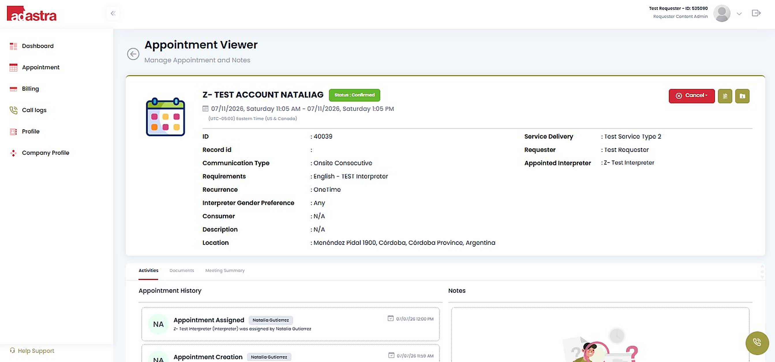 Appointment details and updates view for clients